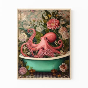Octopus In A Bathtub In A Luxury Bathroom Oil Painting Print | Octopus Gift | Octopus Wall Art | Funky Eclectic Bathroom Decor | OIA2