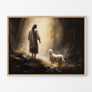 Lost Lamb Oil Painting Print | Jesus Running with Lost Lamb | Jesus Lamb of God | Jesus and Lamb No Words | Lost Sheep with Jesus | LLO3