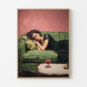 Woman on Couch with Martini Soft Tonal Oil Painting | Cocktail Art Bar Cart Decor | Aesthetic Print Gift | Trendy Wall Art Print | WCM7