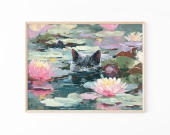 Monet Cat Art Print – Waterlily Pond Parody, Funny Cat Wall Art for Home Decor | CAG2