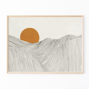 Japanese Alps Illustration Print | Japandi Wall Art | Japanese Sun Set Prints | Abstract Line Art | Mountains Line Art Drawing | JAI2