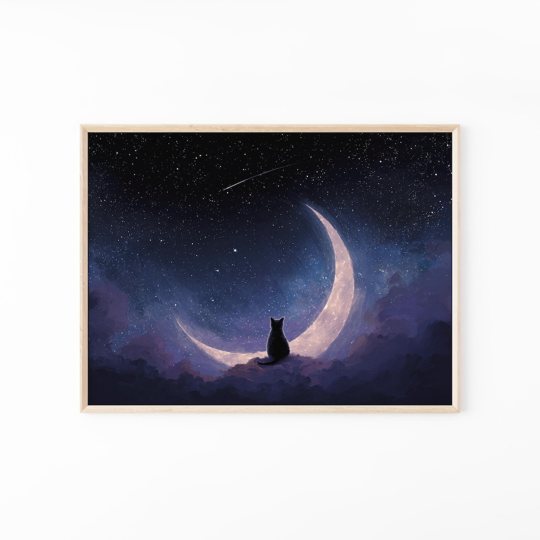 Black Cat With Moon Painting Print: Whimsical Home Wall Art | WBF1 - Etsy