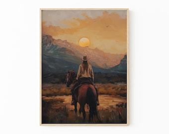 Vintage Landscape Cowgirl Oil Painting Print | Western Wall Art | Mid-Century Wall Decor | Rustic Southwest Decor | MCO8