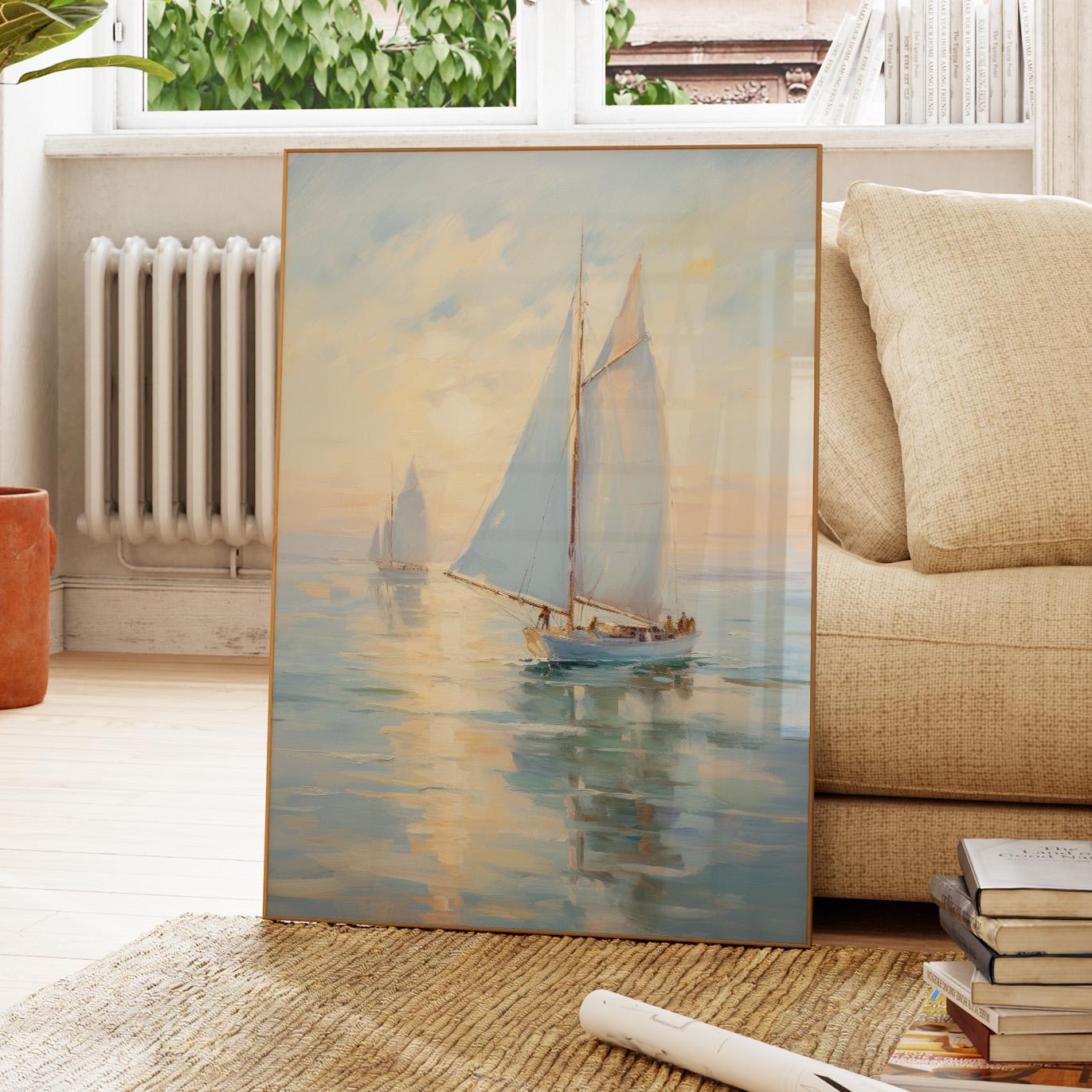 Vintage Sailboat Painting Lake House Wall Art | Nautical Art Print ...