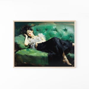 Decadent Young Woman after the Dance, Still Life Woman, Vintage Wall Art, Emerald Green Art, Moody Wall Decor, Oil Painting Print DY06