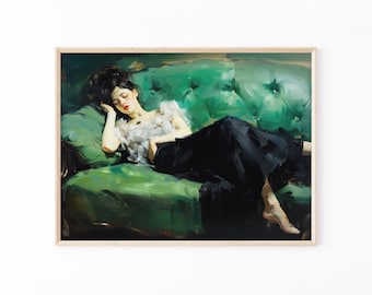 Decadent Young Woman after the Dance, Still Life Woman, Vintage Wall Art, Emerald Green Art, Moody Wall Decor, Oil Painting Print DY06