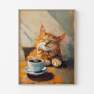 Gato pelirrojo relajándose con un café / Decoración de pared para cocina / Ilustración retro vintage peculiar / Lámina de gato pelirrojo / GCC3