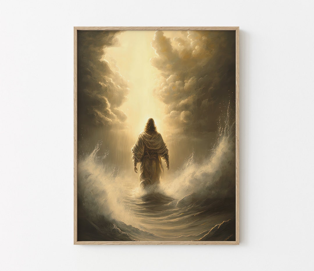 Jesus Christ Walking on Water Original Oil Painting Print, Golden Sky ...