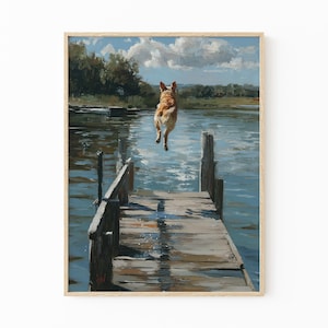 Happy Dog Jumping Off Dock Oil Painting Print | Happy Summertime Dog Art | Coastal Decor | Boat House Art | Gift for Dog Lovers | HDO7