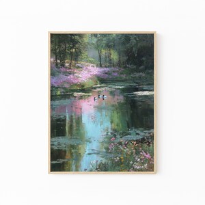 Ducks Swimming in Lake Pastel Oil Painting Print | French Country Wall Decor | Floral Wall Art | Water Lily Print | French Cottage | DIS2
