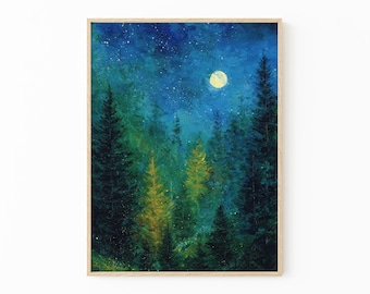 Obraz olejny „Księżyc i gwiazdy” | Ciemny las w stylu vintage | Dekoracja krajobrazowa | Wydruk „Niebiańskie nocne niebo” | MSO5