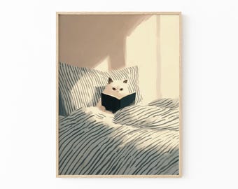 White Cat Reading Print | Cosy Bedroom Decor | Book Lover Illustration | Cat in Bed Print | SLE1