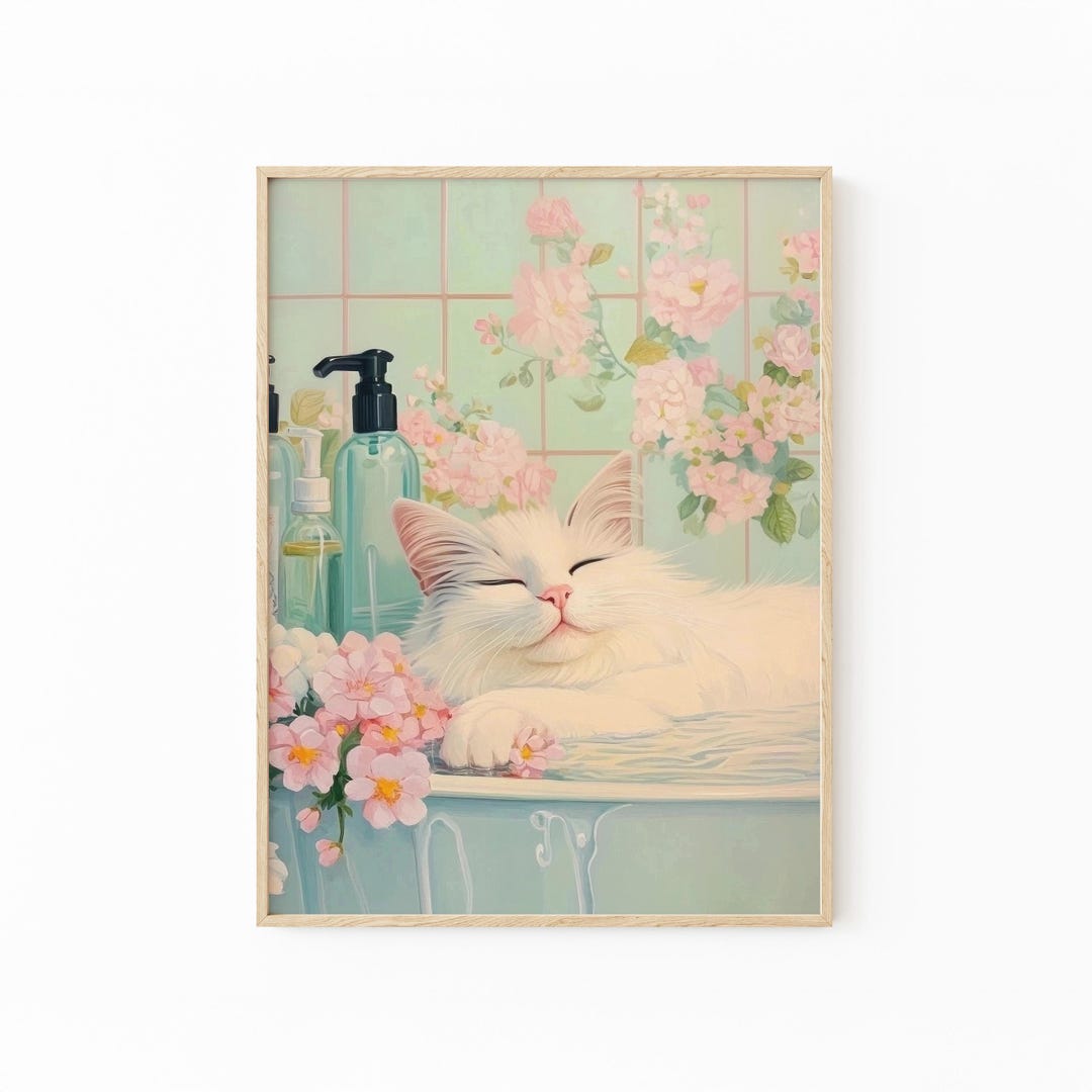 White Cat in a Bathtub Painting Print | Japanese Bathroom Wall Art ...