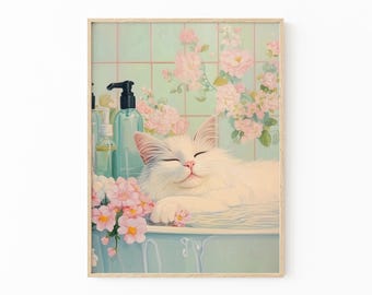 Witte kat in badkuip schilderij print | Japanse muurkunst badkamer | Ontspanningsposter | Japanse kunst aan de muur katten | Neutrale Japandi-print | WIC1
