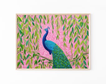 Lebhafter Tropischer Maximalist Vogel-Ölgemälde-Druck | Dunkelblaue Kolibri & Pink Pfau Dschungel Kunst | Exotischer Vogel Druck | VTM5