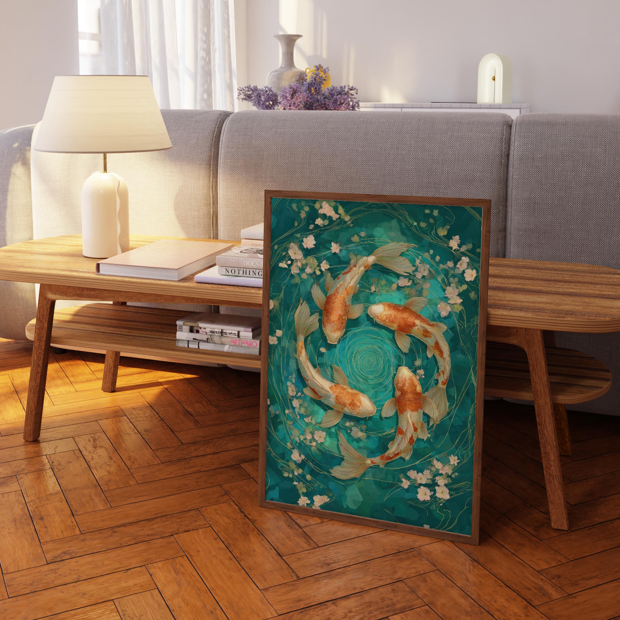 Koi Fish Art Print | Japanese Modern Floral Poster | Light Blue Bedroom ...
