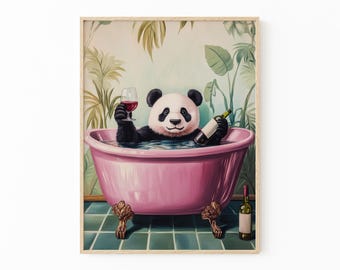 Panda Bathroom Print | Alcohol Print | Funny Animal Art | Panda in Bath Tub | Botanical Bathroom Art | PBW3