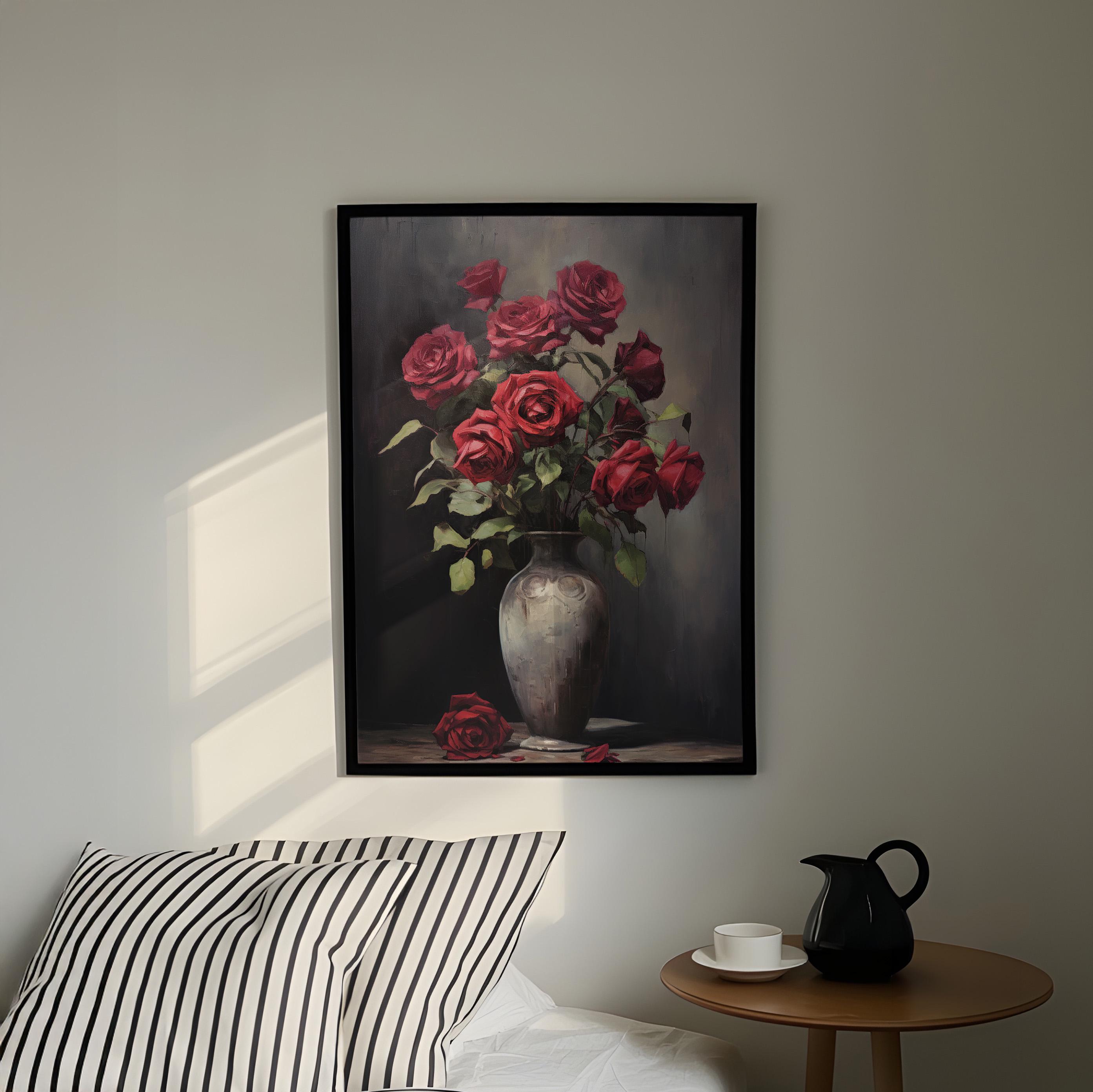 Vintage Moody Dark Roses Still Life Oil Painting Print | Floral Dark ...