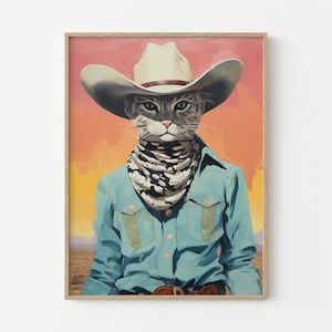Stampa artistica surreale di un cowboy con gatto bianco - Decorazione per animali domestici eccentrica e occidentale fantastica Ritratto retrò di una cowgirl Meowdy Wall Art WCC2