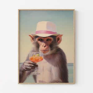 カクテルを持つサル | レトロなバーカートの美しい装飾 | かわいいアパートの壁アート | シュールなアートワーク | 面白い動物のプリント | MCR4