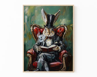 Impressão de pintura de um cavalheiro coelho vitoriano lendo um livro e fumando um charuto | Impressão artística de lebre caprichosa | Arte de parede em estilo vintage | VRG3