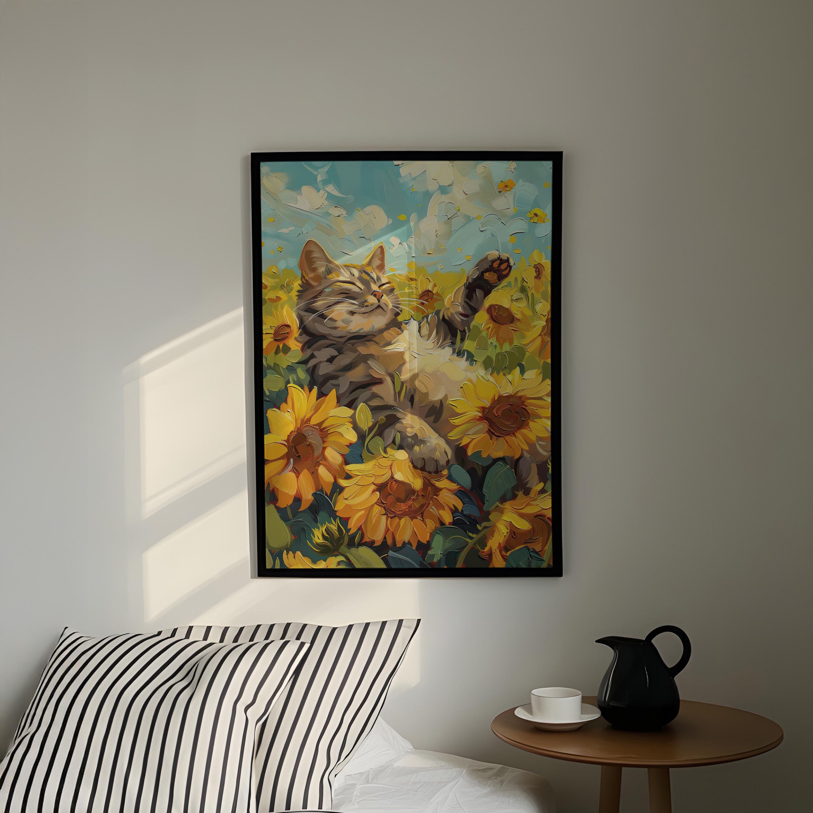 ヴィンテージひまわり猫油絵プリント | ゴッホのひまわり静物画に