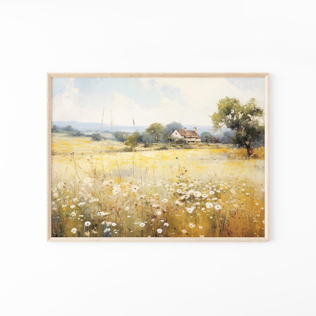 Wildflower Field Cottage Landscape Oil Painting Wall Art Print, Nature ...