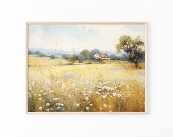 Wildblumen Feld Cottage Landschaft Ölgemälde Wand Kunst Druck, Natur Wanddekor, rustikale Landschaft für Wohnzimmer, WF3