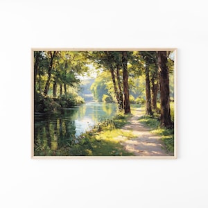 Fluss Weg Landschaft Kunstdruck | Sonnendurchflutetes Wald Gemälde, Impressionistisches Waldbild | RIP3