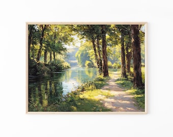 Stampa artistica con paesaggio fluviale / Dipinto di foresta illuminata dal sole, arte murale con natura tranquilla, decorazione boschiva impressionista / RIP3