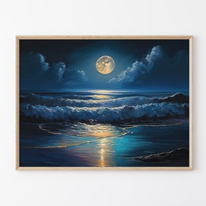 Romantische Landschaft des offenen Wassers, das unter dem Mond glitzert, Ölgemälde, Wandmatte, für Innendekor, atemberaubender Ozean-Mond-Kunstdruck