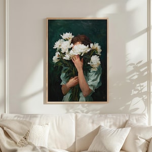 a painting of a woman holding a bouquet of white flowers, with her face partially obscured by the flowers.