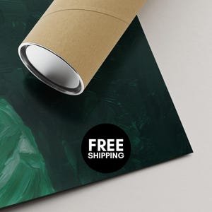 a cardboard tube with a green and black abstract painting on it, and there is a "FREE SHIPPING" label on the painting.