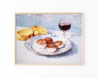 Scallops with Bread Painting Print: Impasto Oil Style Still Life Art | Coastal Kitchen Wall Decor | FAS4