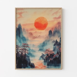 Japanese Maple Tree at Sunset Oil Painting Canvas Print | Vintage Japanese Inspired Print Canvas Art | Retro Japanese Art | TMJ7