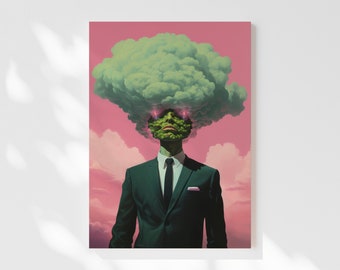 Head In The Clouds (Retro Surreal Art, Surreal Cloud Art, Pink and Green Artwork, Surreal Wall Print, Trippy Wall Art, Stretched Canvas) HI1