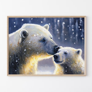 Polar Bear with Cub, Cute Oil Painting Artwork, High-Quality Matte Wall Art Print, Winter Home Decor, Gift for Polar Bear Lovers