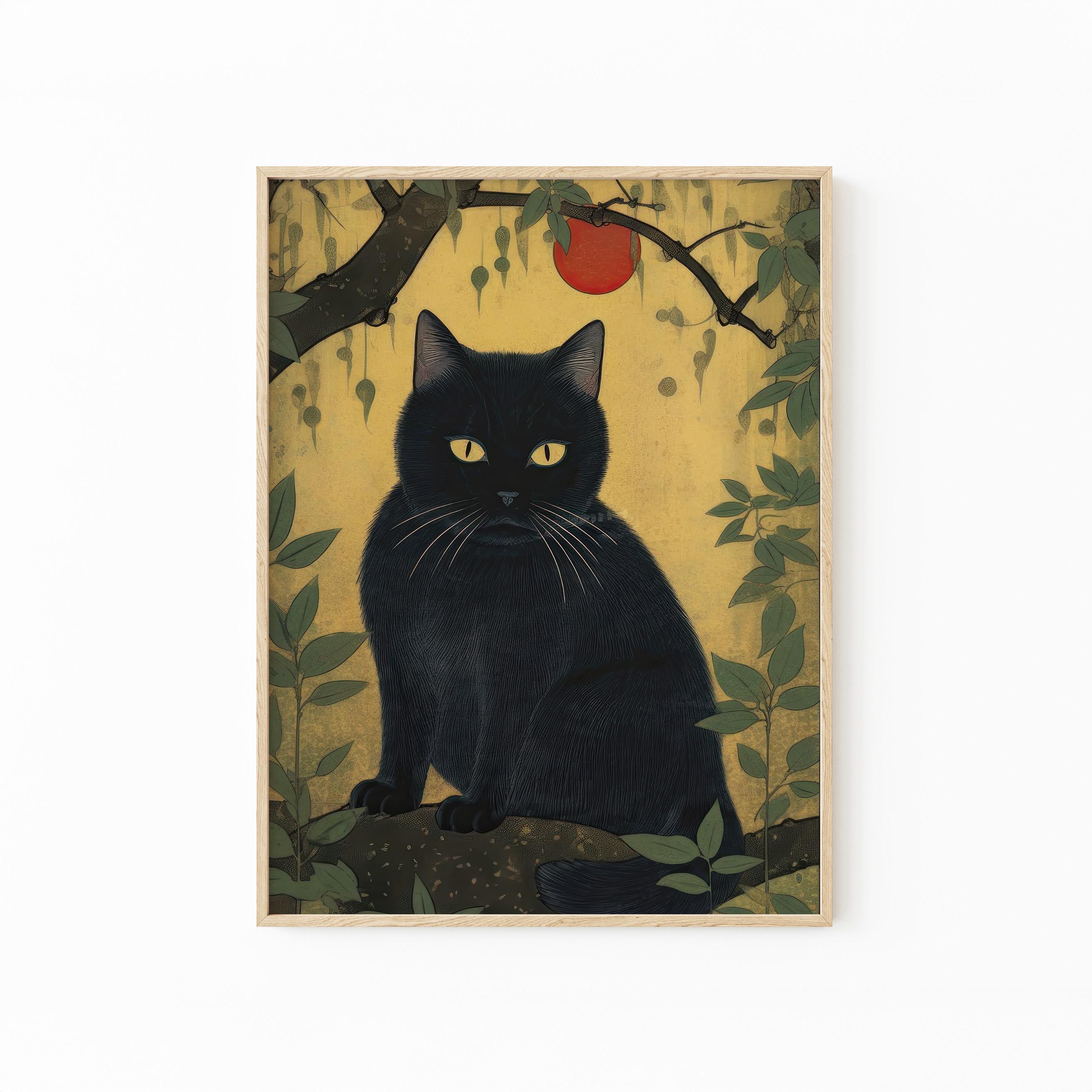 ヴィンテージの日本の黒猫の絵画プリント｜猫の壁アート｜和風