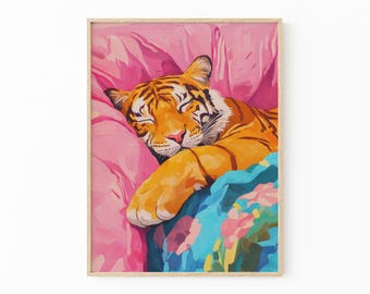 Sleeping Tiger In Bed Oil Painting Print | Maximalist Wall Decor | Tiger Bedroom Decor | STIA3