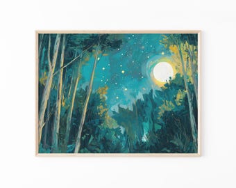 Obraz olejny „Księżyc i gwiazdy” | Ciemny las w stylu vintage | Dekoracja krajobrazowa | Wydruk „Niebiańskie nocne niebo” | MSO4