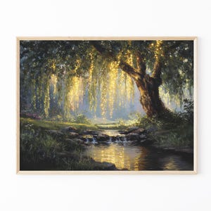 Willow Tree Fairies Oil Painting Print | Cottagecore Decor | Dark Academia Art | Enchanted Nature Wall Art | Rustic Aesthetic | TOP2