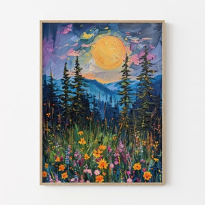 Mystical Enchanted Moon Floral Wall Art, Woodland Midnight Oil Painting Print, Moon Nature Flowers Decor for bedroom, Cottagecore Home MAT1