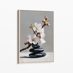 Floral Zen Stones White Oil Painting Canvas Print | Bathroom Wall Decor | Bathroom Canvas Art Prints | Bathroom Art | New House Gift | FZS5