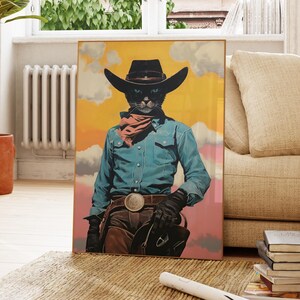 a painting of a cat dressed as a cowboy, wearing a blue shirt, cowboy hat, and leather gloves, standing on a rug in a room with a window and bookshelf in the background.