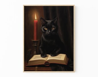 Vintage Black Cat Witch Oil Painting Print, Vintage Poster, Dark Academia, Gothic Victorian, Black Cat Art, Witchy Decor BCTH6