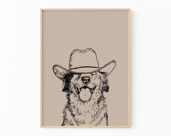 Grappige cowboyhond zwarte schets Art Print | Retro-afdruk | Vintage kunst | Blauwe muurkunst hond | Westernhondenprint | Trendy decoratie | CDB1