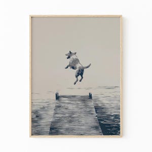 Happy Dog Jumping Off Dock Illustration | Happy Summertime Dog Sketch Art | Coastal Decor | Boat House Art | Gift for Dog Lovers | HDJ8