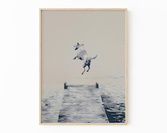 Happy Dog Jumping Off Dock Illustration | Happy Summertime Dog Sketch Art | Coastal Decor | Boat House Art | Gift for Dog Lovers | HDJ8