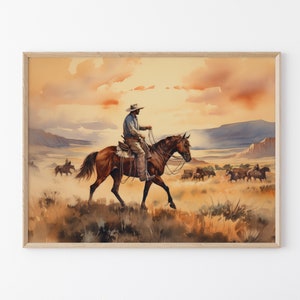 Dipinto ad acquerello di paesaggio vintage con cowboy, arte murale western, decorazione murale di metà secolo, decorazione rustica del sud-ovest #VLC18