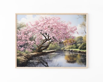 湖畔の桜の木の油絵、壁アートマットプリント、桜の木のプリント、自然愛好家、桜愛好家への贈り物